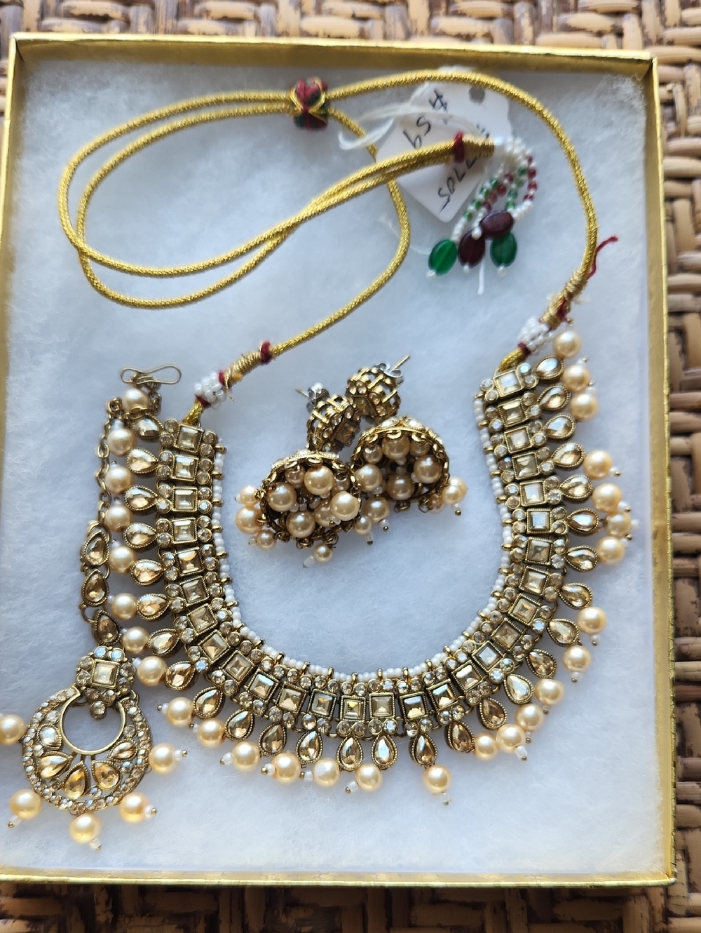 Gold and Pearl Kundan Necklace Set with Jhumka Earrings -necklace Entire Set
